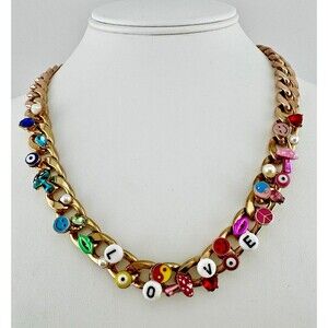Betsey Johnson Chunky Charm Necklace LOVE Evil Eye Mushroom Smiley Gold Tone